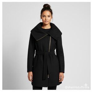 Cole Haan Signature Womens Asymmetrical Belted Full Zip Wool Coat Size 8 Black